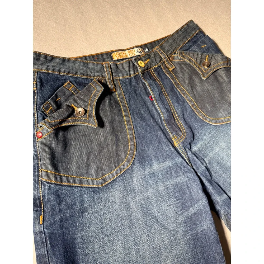 Y2K Indigo Red Denim Co Shorts Mens 36 Blue Baggy Embroidered Streetwear
